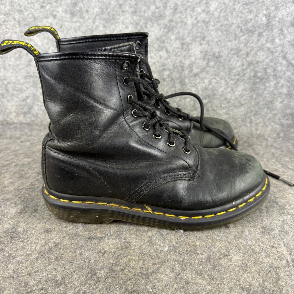 Dr. Martens 1460 Black Leather 8 Eye Lace Up Combat Boots Yellow Stitch Y2K 90s